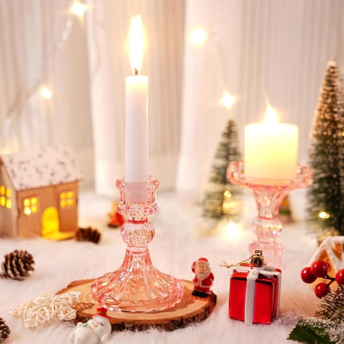 Suclain 24 Pcs Glass Taper Candle Holder Sets 12 Candlestick Holder with 12 White Long Candles for Wedding Party Decor Dinner Decoration(Pink)