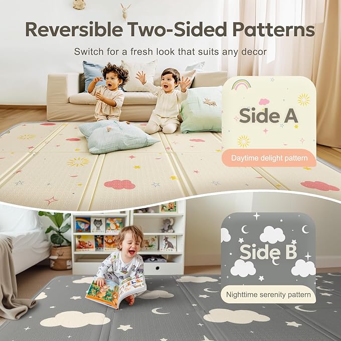Extra Large Foldable Play Mat, Reversible Baby Play Mat with Edge Reinforcement, Non-Toxic & Waterproof Baby Mat for Floor, Foam Playmat for Infants Toddlers, Rainbow, Cloud & Moon, 47''x71''