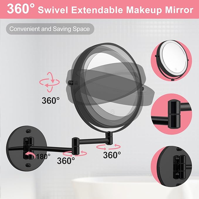 Rechargeable Wall Mounted Lighted Makeup Mirror, 8" Double-Sided Magnifying Vanity Mirror 1X/10X, 3 Color Touch Screen Dimmable Shaving Mirror, 360° Rotation Foldable Bathroom Mirror, Black