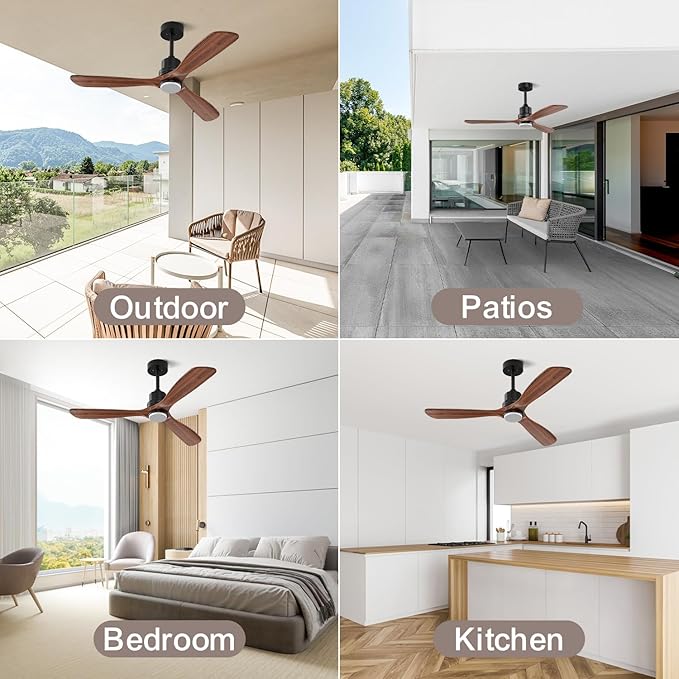 Obabala 60in Ceiling Fan with Light and Remote Outdoor Ceiling Fans Modern 3 Wood Blade Ceiling Fans Timer Reversible Silent DC Motor for Patios Farmhouse Bedroom