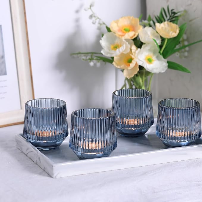 12 Pcs Large Blue Votive Candle Holders- 3.15"×3.15" Ribbed Blue Candle Holders, Blue Tea Lights Candle Holders for Dusty Blue Wedding Decor, Bridal Shower Decorations, Blue Centerpieces for Tables