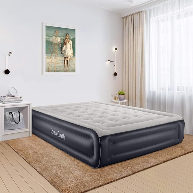 InnoTruth Raised Air Mattress with Built-in Pump,18in Elevated Inflatable Mattress with Carrying Bag for Home and Camping, Queen Size Blow Up Bed，Black