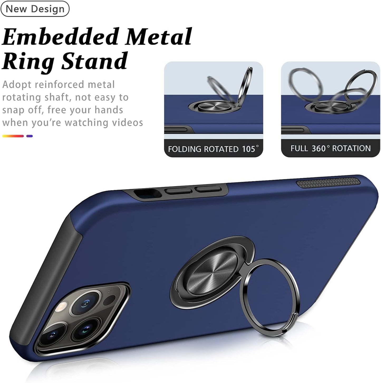 PELEPUES Shockproof Case for iPhone 13 Pro Max, Embedded Finger Ring Military Grade Phone Case Cover with Kickstand