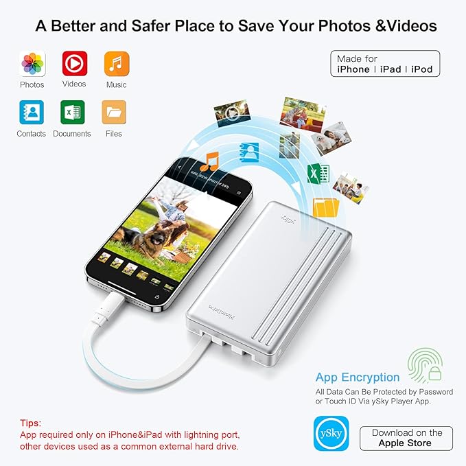 ySky Portable External Hard Drive for iPhone iPad MacBook Computer,1TB Photo Stick USB Storage Device for iPhone17/16/15/14/13/12 & USB C Android Phones& Windows PC【MFi Certified,One-Touch Backup】