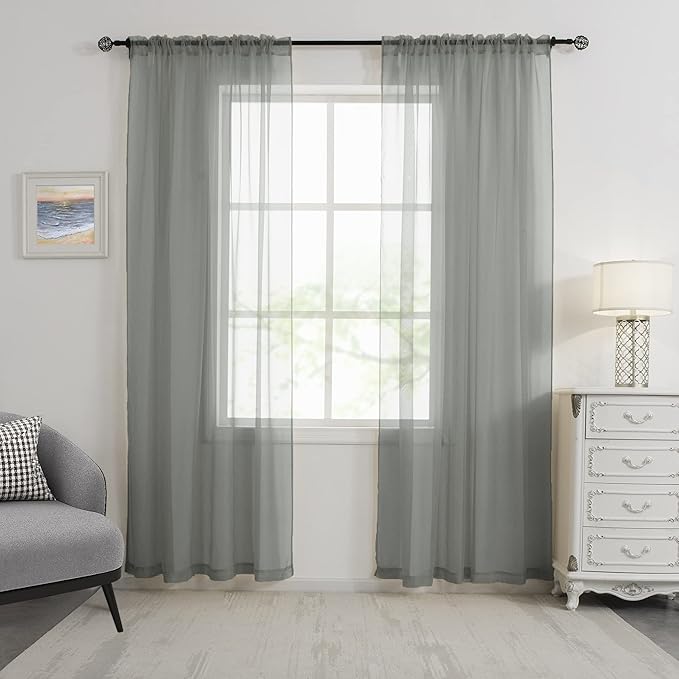 HUTO Sage Grey Sheer Curtains 84 inches Long for Living Room Rod Pocket Window Sheer Voile Drapes for Bedroom Girls Canopy Bed Nursery 2 Panels 52 by 84 Inch Length