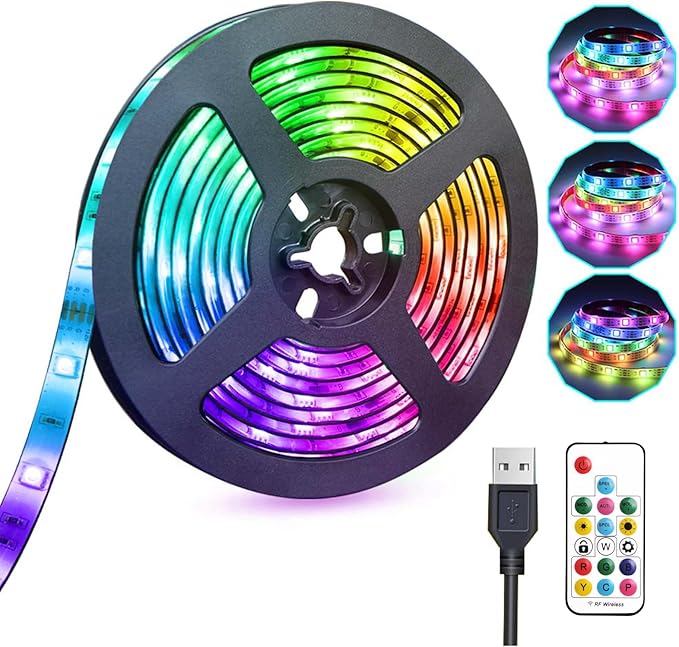 USB LED Lights Strip 16.4ft, USB Powered RGB Color Changing LED Strip with 17-Key Remote Controller, Flexible Light for TV, Bedroom, Desk, Mirror, PC, Camping & Home Decoration
