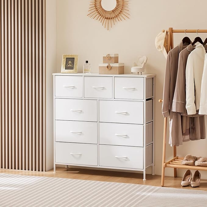 DUMOS Dresser for Bedroom, Storage Organizer with 9 Drawers, Chest of Drawers with Fabric Bins, Sturdy Metal Frame, Wood Tabletop for Guest Room, Closet, Entryway, Nursery