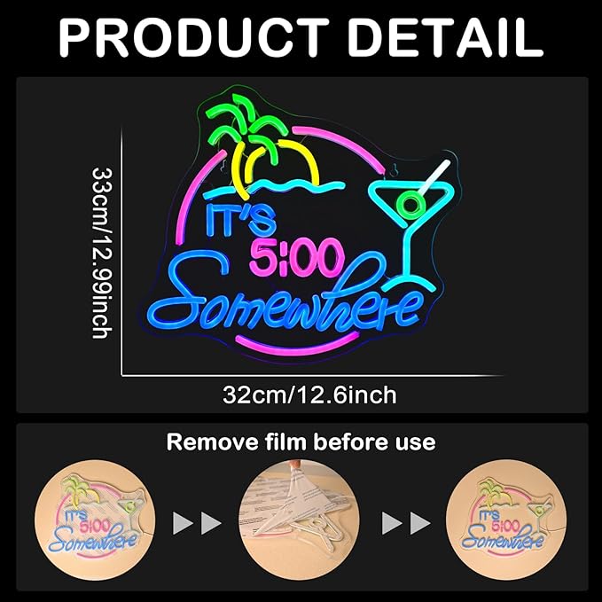 It's 5:00 Somewhere Neon Sign, USB Powered LED Neon Sign for Wall Decor,Dimmable, 5V/2A, for Home, Party, Gift, Bedroom, Man Cave, Bar, Beer Garage, Secrect Space