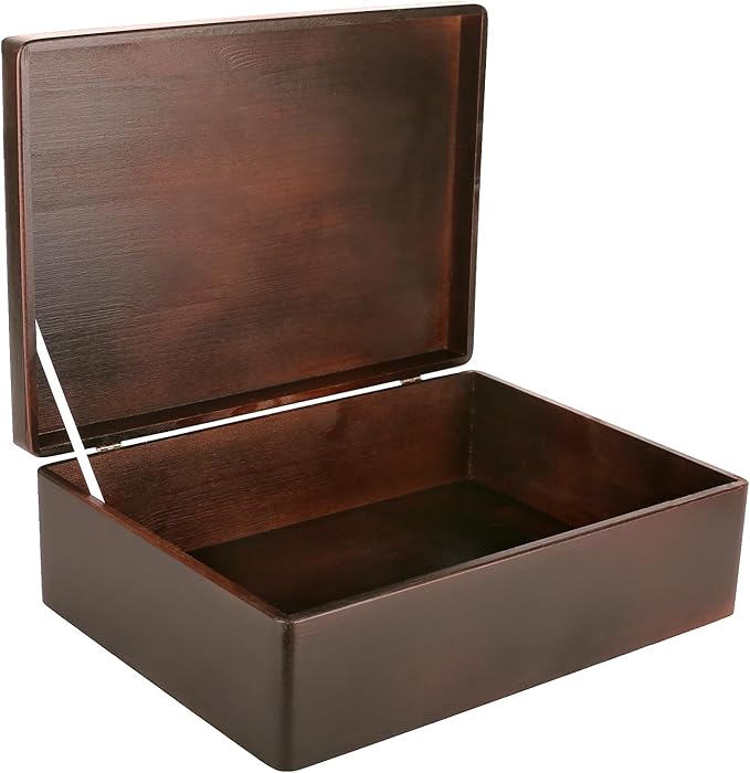 XL Brown Wooden Box Storage with Hinged Lid | 15.8 x 11.8 x 5.5 inches (+-0.5) | Gift Box for Tool Dog Toy Shoes Clothes Kitchen Storage Document | Wood Keepsake Chest