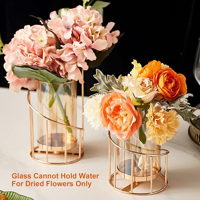 MrMrKura Metal Wire Candle Holder Set of 2, Glass Pillar Candle Holders Gold Decorative Tea Light Candleholders for Home Decor Table Decorations Centerpiece