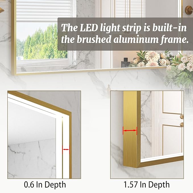 24x36 Inch LED Bathroom Mirror, Gold Metal Framed Lighted Mirror for Bathroom, Wall Mouted LED Vanity Mirror with Lights, 3 Colors and Stepless Dimmable, Anti-Fog, Memory
