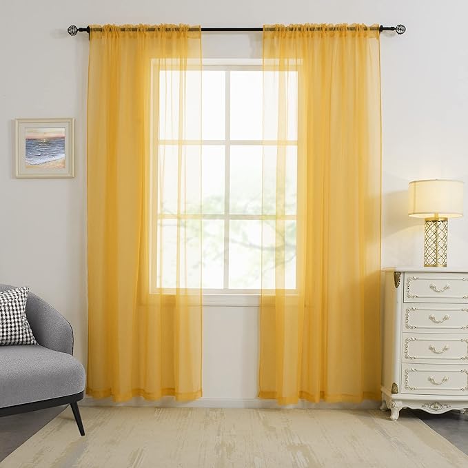 HUTO Gold Yellow Sheer Window Curtains 108 Inches Long for Bedroom Girls Rod Pocket Window Sheer Panels Drapes 2 Panels Curtains for Living Room Canopy Bed Nursery