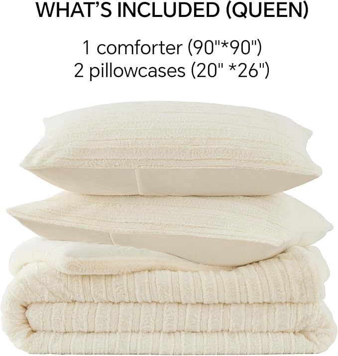BEDELITE Fleece Queen Comforter Set -Super Soft & Warm Fluffy Cream White Faux Fur Bedding, Luxury Fuzzy Heavy Bed Set for Winter with 2 Pillow Cases