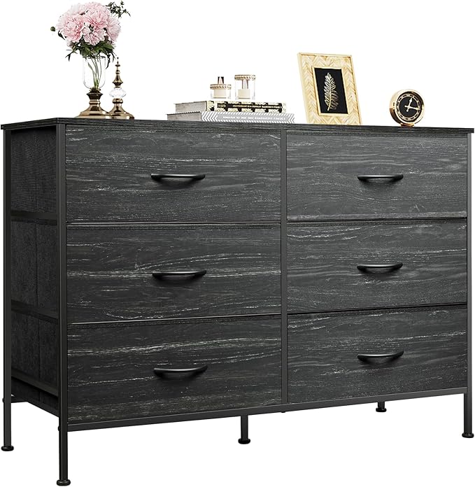 WLIVE 6 Drawer Dresser for Bedroom, Wide Fabric Dresser TV Stand for 50 Inches TV with Metal Frame, Wooden Top, Chest of Drawers, Dressers for Living Room, Hallway, Charcoal Black Wood Grain Print
