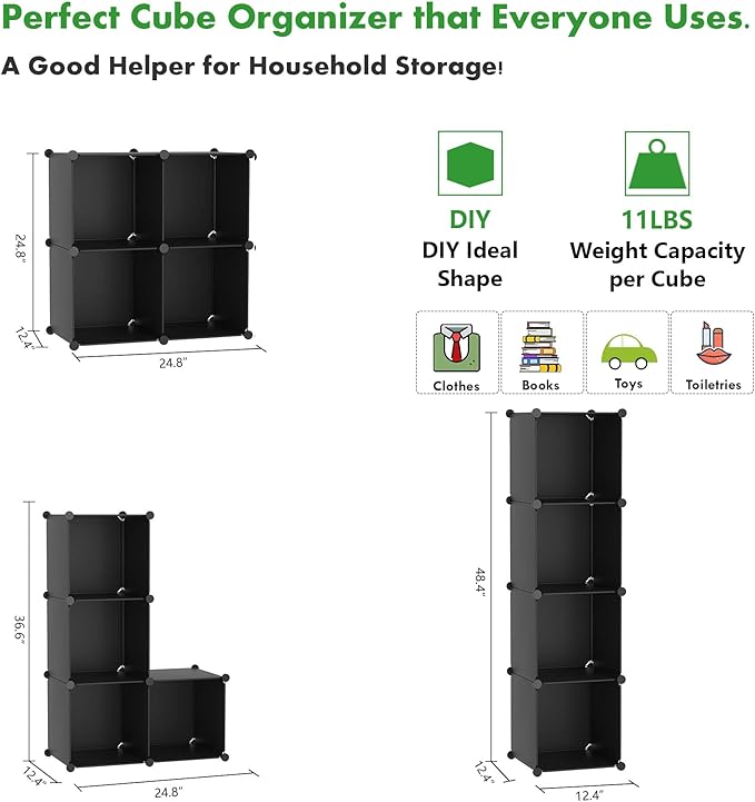 C&AHOME Cube Storage Organizer, 4-Cube Shelves Units, Closet Cabinet, DIY Plastic Modular Book Shelf, Ideal for Bedroom, Living Room, Office, 24.8" L x 12.4" W x 24.8" H Black SHS04A