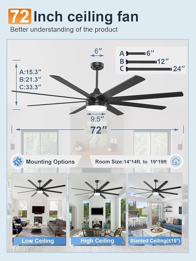 YUHAO 72 Inch Black Ceiling Fan with Light and Remote Control.Noiseless,Dimmable,3CCT,6 Speeds Reversible, DC Ceiling Fans for Indoor or Covered Outdoor