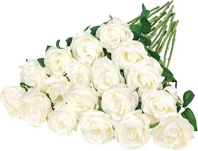 Ouddy Decor 20 Pcs Red Roses Artificial Silk Flowers Fake Roses Bouquet with Long Stems for Valentines Day Decor Wedding Home Party Table Centerpieces Bridal Bouquet DIY Floral Arrangment, White