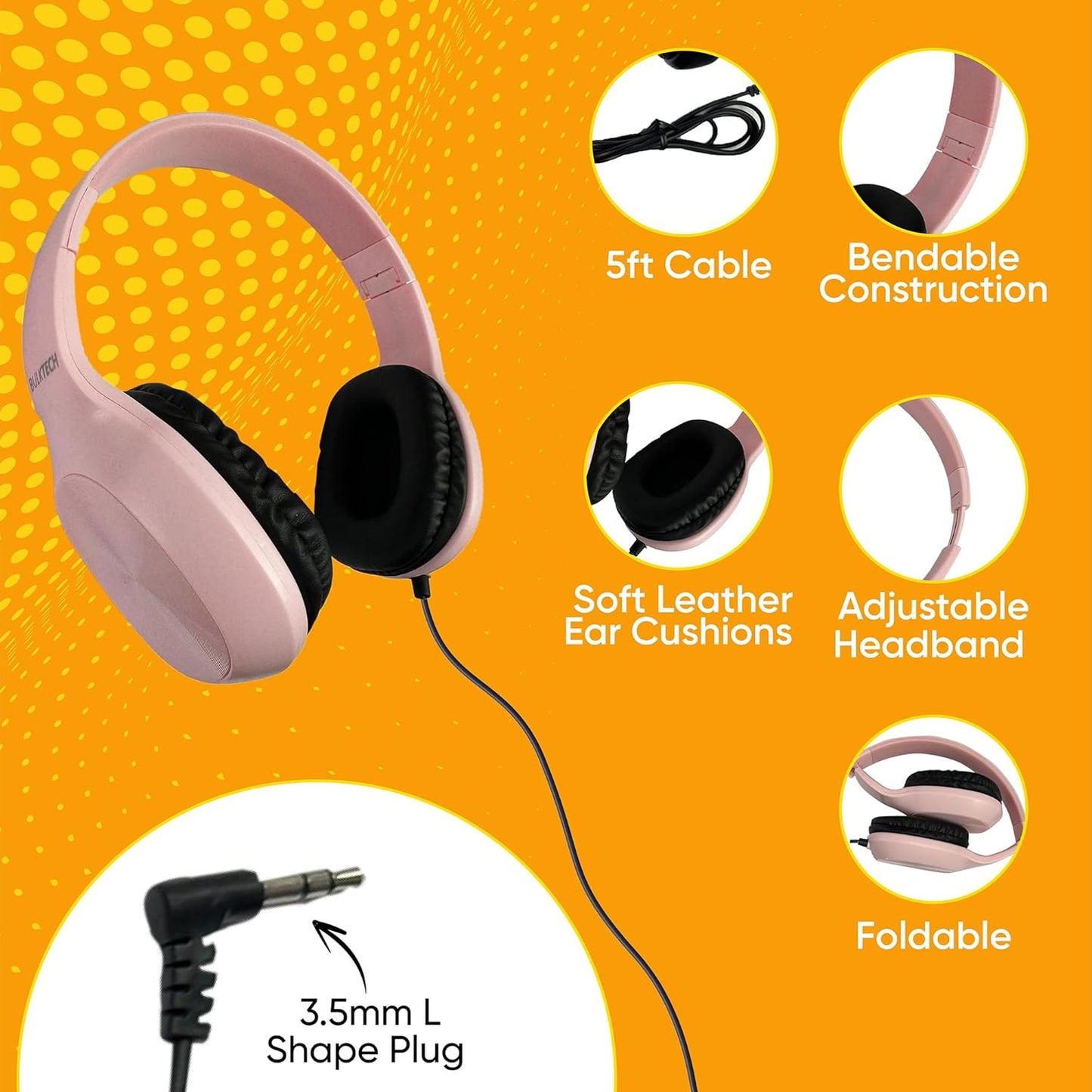 1 Pack 3.5mm Wired On-Ear Leather Headphones with Connector, Oval Metal Housing, Black