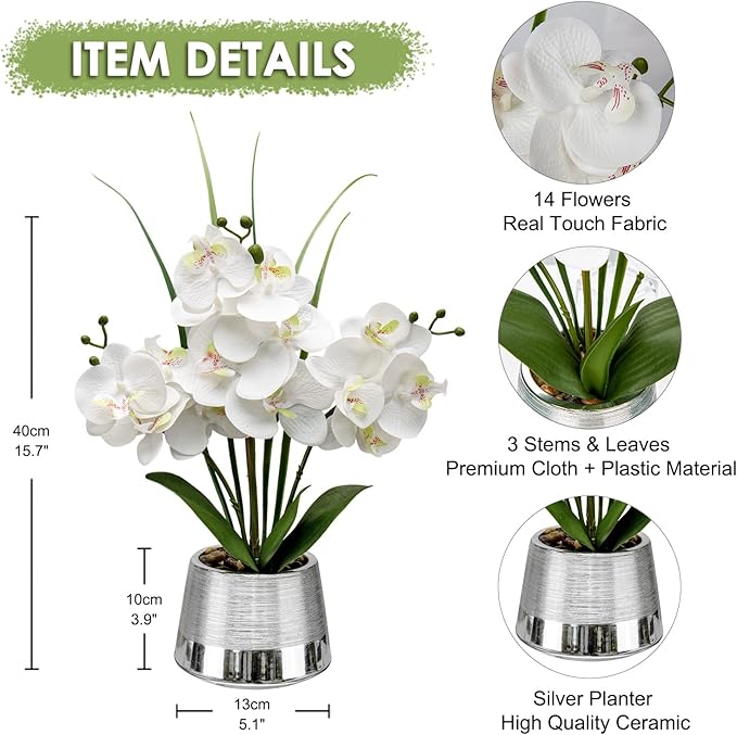 Artificial White Phalaenopsis Orchid Flower Arrangements Faux Orchid Flower in Silver Pot Orchid Centerpiece for Dining Room Table