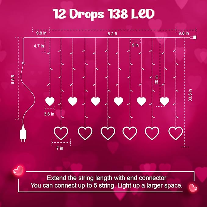 Valentines Day Decor, Pink Love Heart String Lights for Bedroom, 12 Hearts 138 LED Fairy Twinkle Lights with Remote, 8 Lighting Modes Connectable Window Lights for Valentine's Day Wedding Home Decor