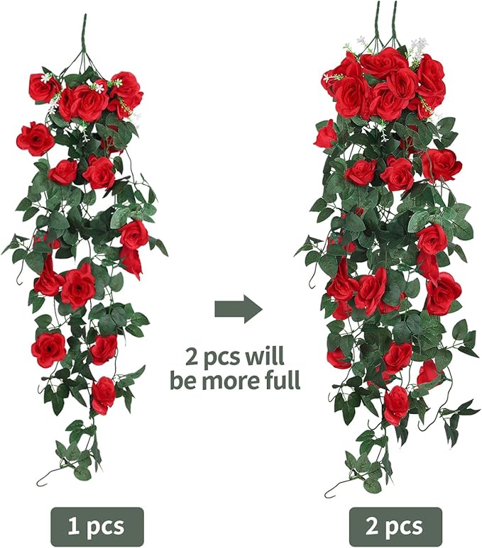 RECUTMS Hanging Flowers Artificial Plants 2PCS 3.3Ft Rose Vine Flower for Home Room Garden Wedding Indoor Outdoor Decoration (Red)