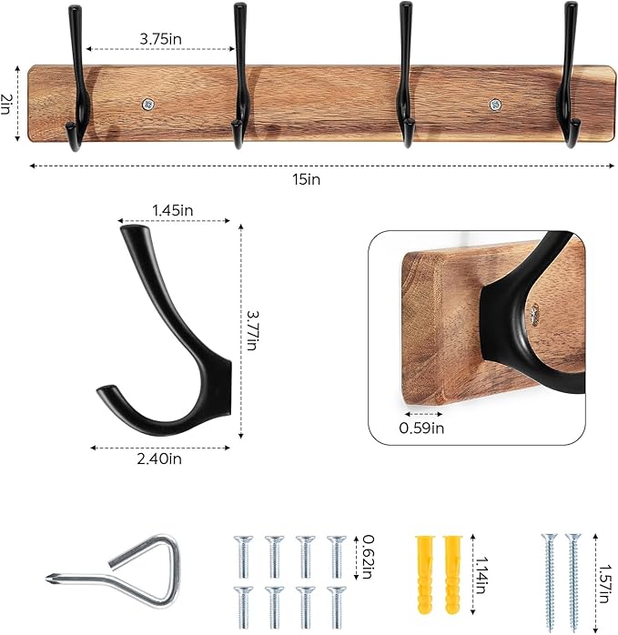 Yangbaga Coat Rack Wall Mount,Acacia Wood Coat Hooks Wall Mount,15" Wall Coat Rack with Heavy Duty 4-Double-Hooks,Hat Rack Wall Coat Hanger for Towel/Dog’s Leashes/Coat/Bag