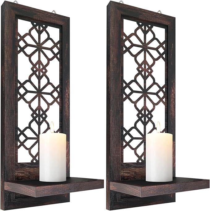 Set of 2 Candle Sconces, Farmhouse Accent Wall Sconce, Caramel Color Candle Holder Wall Decorations for Home Décor, Living Room, Dining Room.(15 x6 in)
