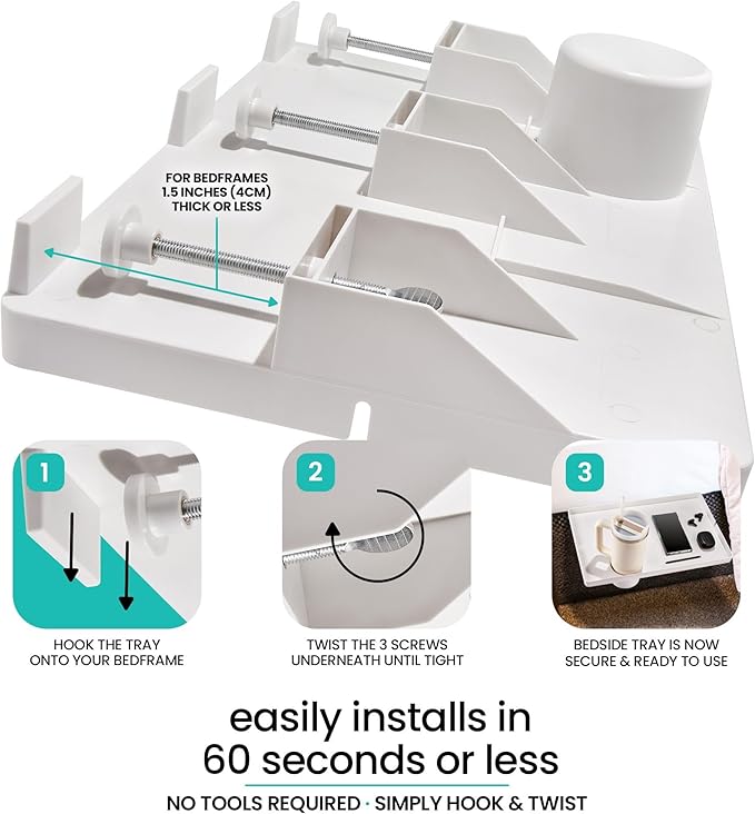 Modern Innovations Large White Bedside Shelf for Bed, 1 Count Clip On Nightstand with Cup Holder and Cord Holder, College Dorm Bunk Bed Shelf for Top Bunk or Kids Bedroom