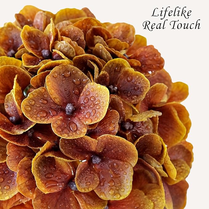 Fall Hydrangea Artificial Flowers, 4Pcs 21” Latex Real Touch Flowers, Faux Silk Flowers Fake Artificial Hydrangeas with Stems for Bouquet Table Centerpieces Halloween （Raw Umber Brown）