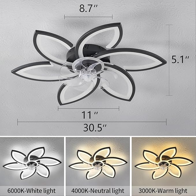 Ceiling Fan with Lights Remote Control, Black Flower Ceiling Fan with Light, 3 Light Color Modern Low Profile Flush Mount Ceiling Fan for Kitchen Bedroom Living Room