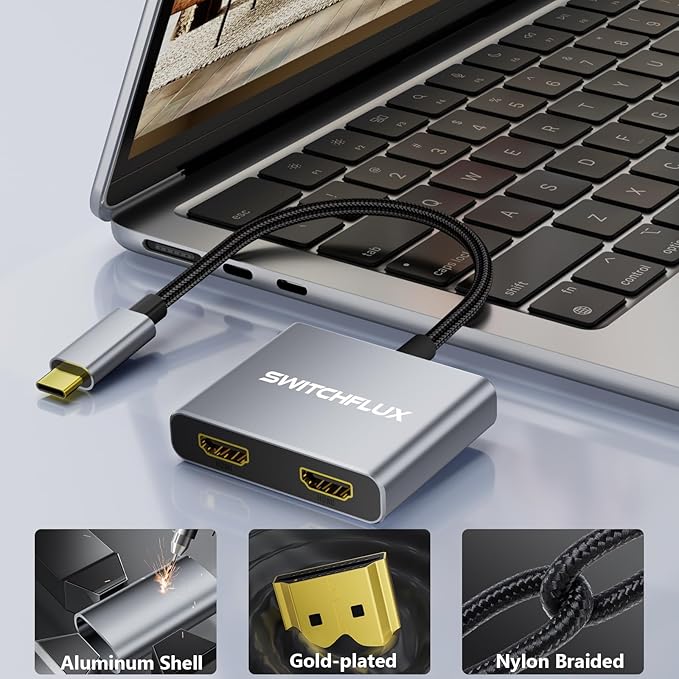 USB C to Dual HDMI Adapter, 4K@60Hz Dual Monitor Adapter for Extended & Mirror Display, HDMI Splitter Compatible with MacBook Pro/Air, Dell, HP, and Lenovo laptops