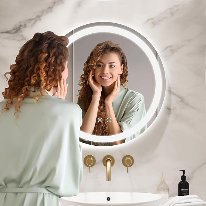 WallBeyond LED Bathroom Mirror with Lights, 20'' Round Light Up Bathroom Mirror for Wall with Front and Backlit, Anti Fog Led Mirror for Bathroom, 3 Colors and Dimmable Light
