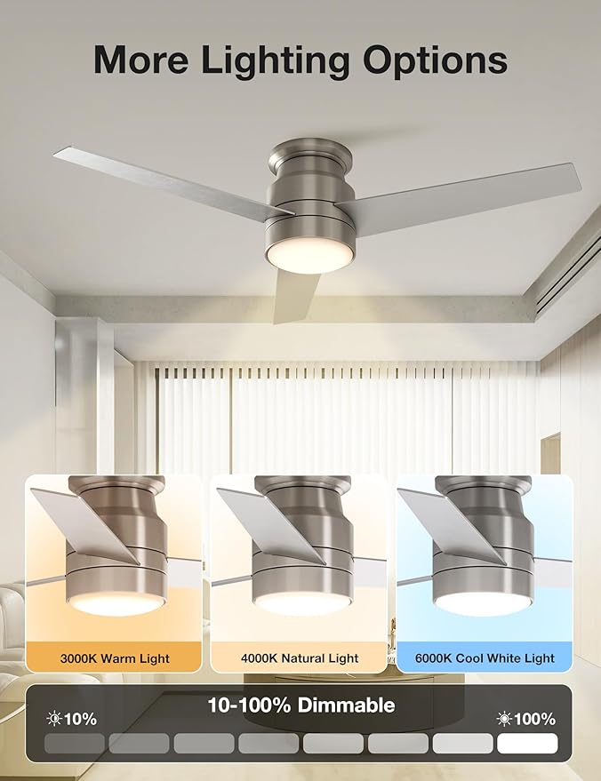 warmiplanet Flush Mount Ceiling Fan with Lights Remote Control, 52-Inch, Brushed Nickel, 3-Blades