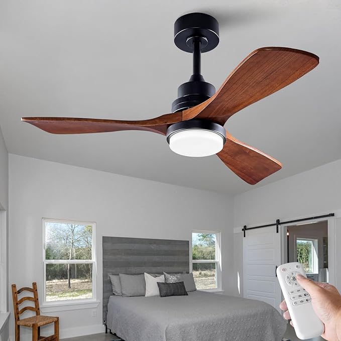 BOJUE 42 Inch Black Ceiling Fans with Lights and Remote,Dimmable LED Light,Quite Reversible DC Motor,Memory Function,Modern Solid Wood Indoor Outdoor Ceiling Fan with Light for Office Patios