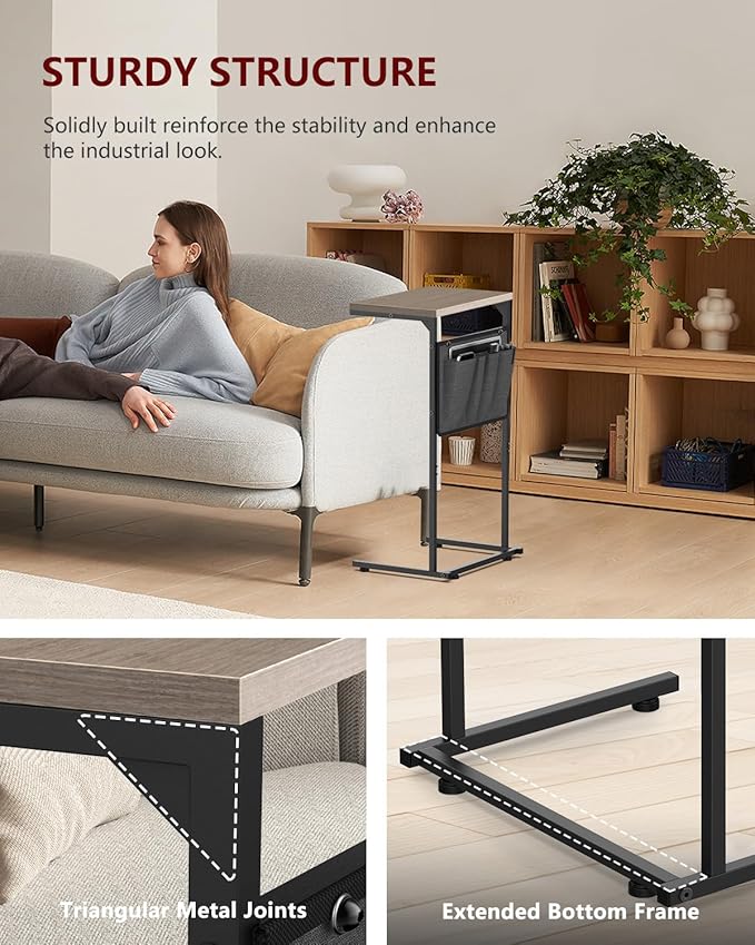 Vantic C Shaped End Table, Small Side Table for Couch and Recliner, Slide Under Sofa Tray Desk with Storage Bag for Living Room and Bedroom, Greige