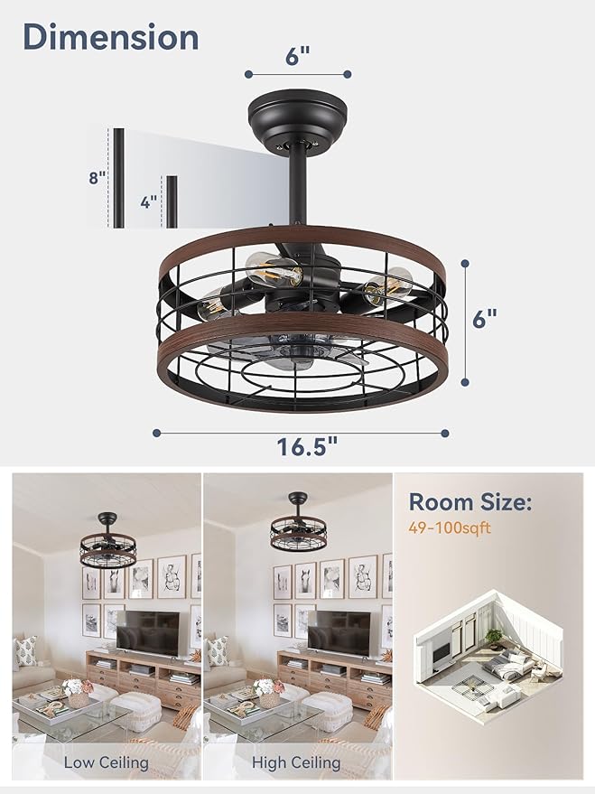 LEDIARY 16.5in Caged Ceiling Fan with Light, Bladeless Industrial Ceiling Fan with Remote, Rustic Metal Fan Lights Ceiling Fixtures for Kitchen, Farmhouse, Bedroom（6 Speed,1/2/4/8h Timing）-Walnut