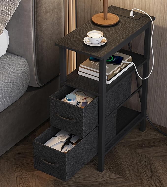 2 Set Narrow Side Table for Small Spaces, Skinny End Table with Charging Station, Sofa Beside Table with 2 Fabric Drawers and 1 Open Compartment, Slim Nightstand with USB Ports Outlet, Black UTBT004B