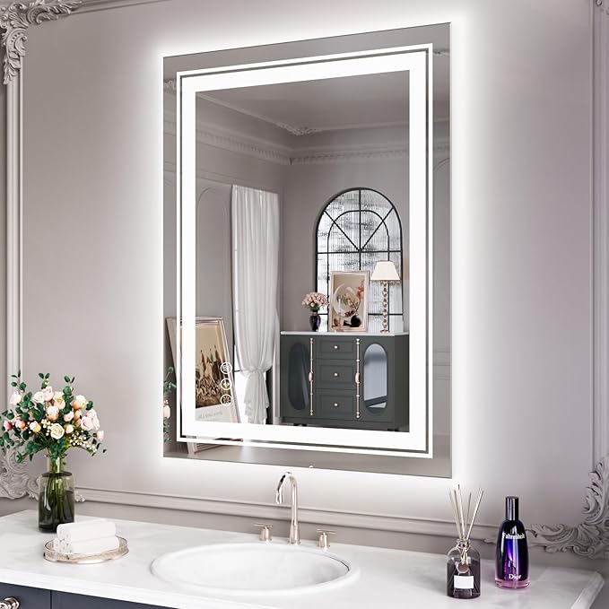 27.6" x 19.7" LED Bathroom Mirror with Lights, Front and Backlit Mirror, Anti-Fog Lighted Vanity Mirror, Stepless Dimmable, 3 Colors LED Mirror (Horizontal/Vertical)