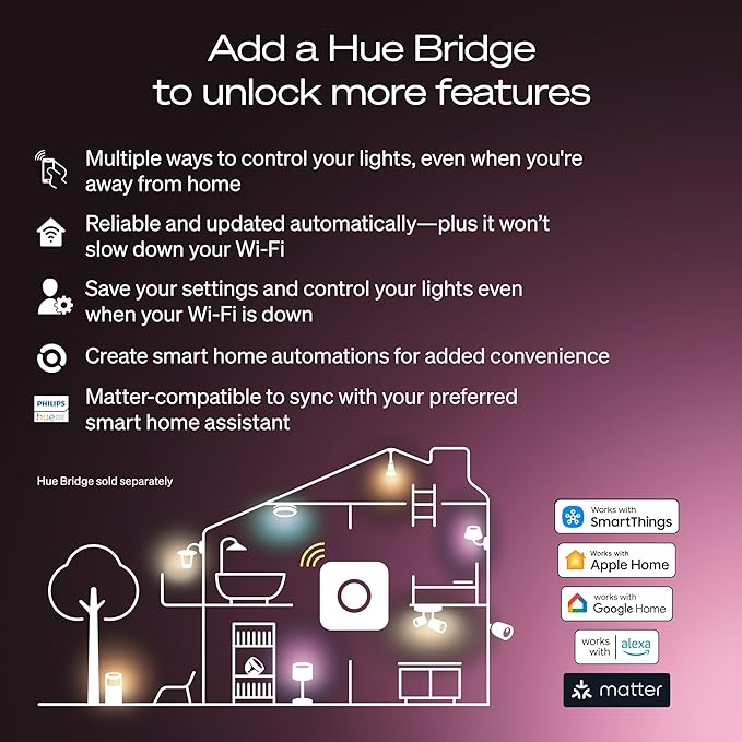 Philips Hue Smart LED A19 Bulb, Warm White Light 2700K, E26 Base, 10.5W, 1100 Lumens, Dimmable, Works with Alexa, Google Assistant, and Apple Home, 2 Pack