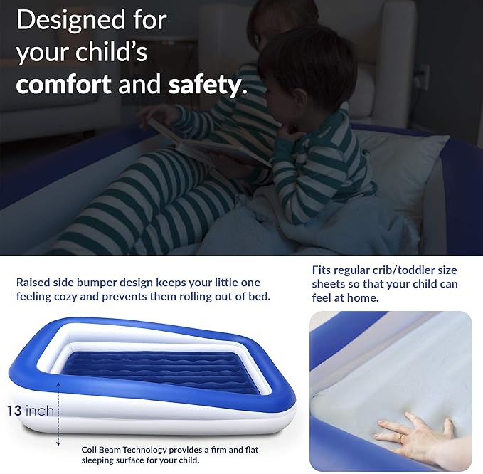 EnerPlex Kids Inflatable Travel Bed with High Speed Pump, Portable Blow up Toddler Air Mattress with Sides – Built-in Safety Bumper - Blue