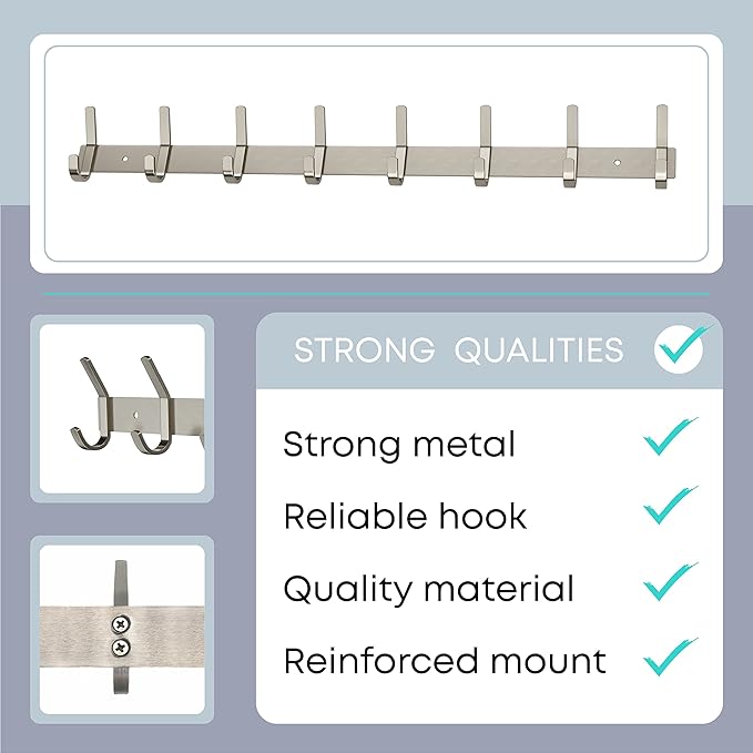 Coat Rack Wall Mount – Brushed Nickel 24 Inch Stainless Steel Hook Rail with 8 Heavy Duty Double Coat Hooks – Wall Mounted Coat Hanger for Entryway, Bathroom, Bedroom, Towel, Hat Organizer - 2 Pack