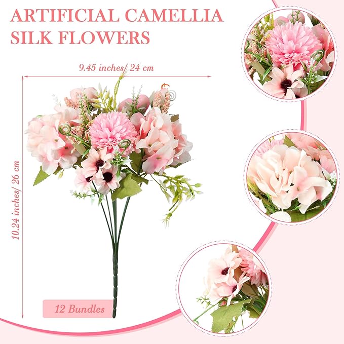 Tigeen 12 Pcs Peonies Artificial Flowers Faux Roses Silk Flowers Hydrangea Artificial Bouquet for Wedding Table Centerpiece Floral Vase Home Office Bridal Decor (Pink)