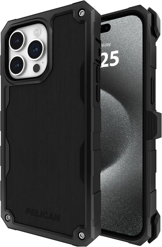 Pelican Shield Brushed Aluminum iPhone 15 Pro Case 6.1", Compatible with MagSafe, 21ft Military Grade Protection, Black