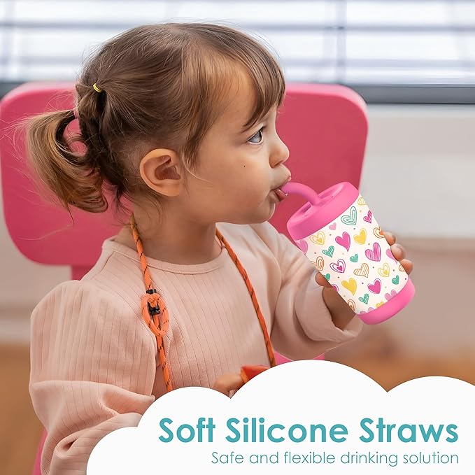 Kid Insulated Stainless Steel Tumbler with Silicone Straw, 12oz Sippy Cup for Kids (Playful Hearts)