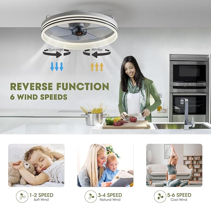 Ceiling Fans with Lights, Flush Mount Ceiling Fan with Lights and Remote, 6 Wind Speeds Smart Low Profile Ceiling Fan for Bedroom, Dining Room and Kitchen 20" (White)