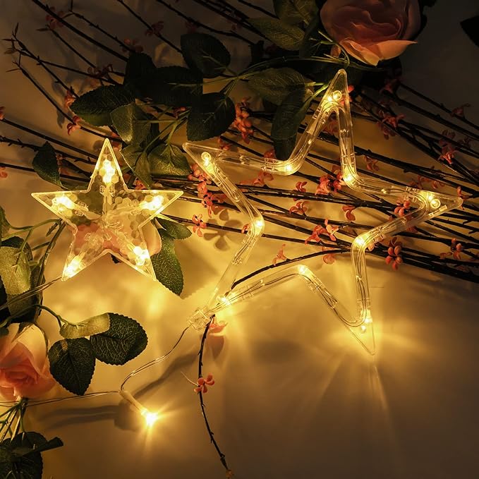 Blingstar Star Christmas Lights 138 LED 12 Star Curtain Lights 8 Flashing Mode Window String Lights 8.2ft Connectable Hanging Lights for Indoor Bedroom Ramadan Eid Wedding Backdrop Decor, Warm White