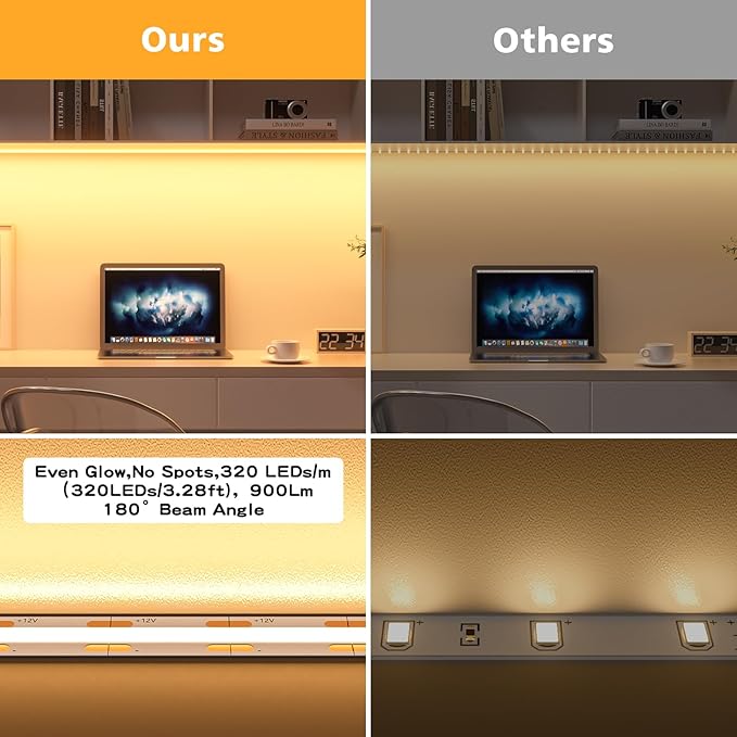 WOBANE Under Cabinet Lights,Flexible COB LED Strip Light,Under Counter Lights for Kitchen,Mirror, Ceiling,Room,TV,Shelf,Closet,ETL Listed,6.6ft,640LEDs,3000K Warm White,900lm