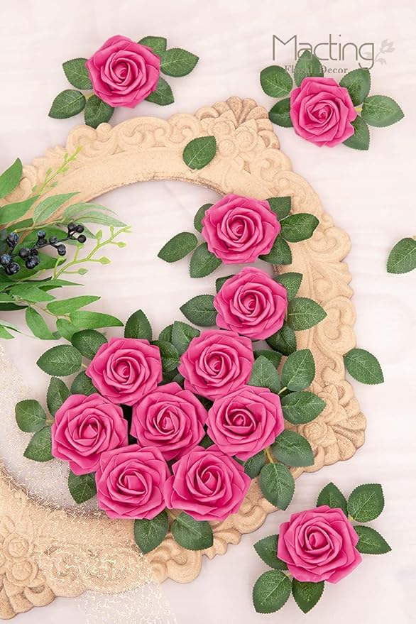 MACTING 30PCS Artificial Flower Roses, Real Touch Fake Flowers with Stems, Foam Roses for Wedding Bouquet Party Centerpieces Baby Shower Home Decorations (Hot Pink)