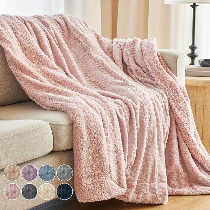 The Connecticut Home Co Throw Blanket for Couch, Soft Fluffy Room Decor, Cozy Warm Throws for Bed, Couches, Gifts for Women, Bedroom Cute Aesthetic Blankets Faux Fur and Sherpa, 65x50, Dusty Rose