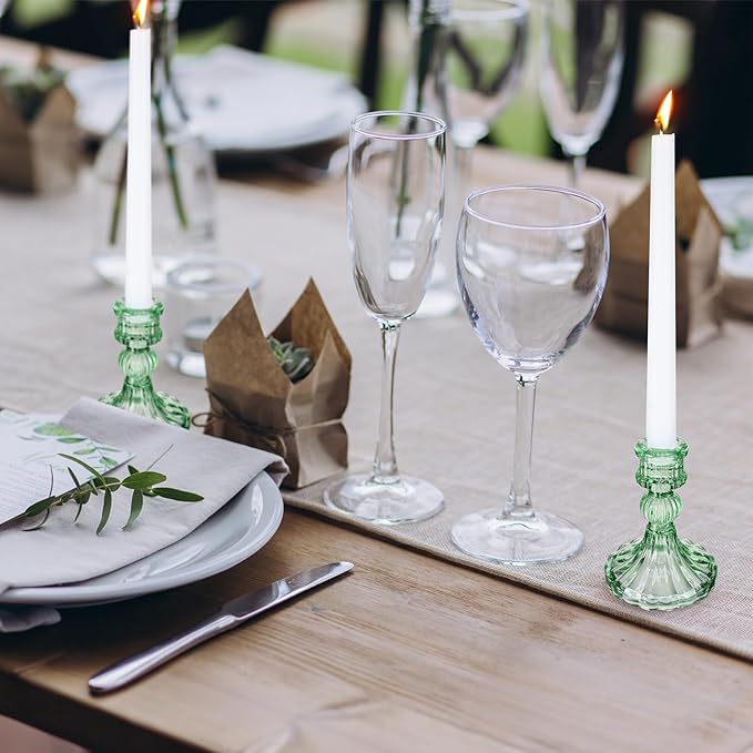 Suclain 24 Pcs Glass Taper Candle Holder Sets 12 Candlestick Holder with 12 White Long Candles for Wedding Party Decor Dinner Decoration(Green)